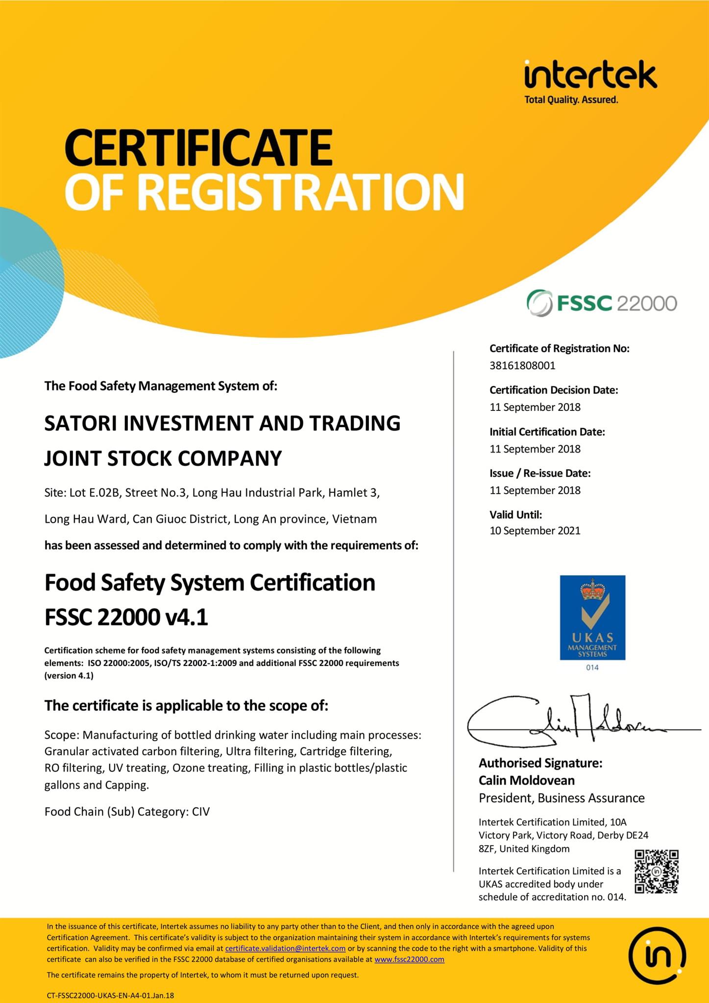 FSSC 22000 SATORI INVESTMENT AND TRADING JOINT STOCK COMPANY 1 1